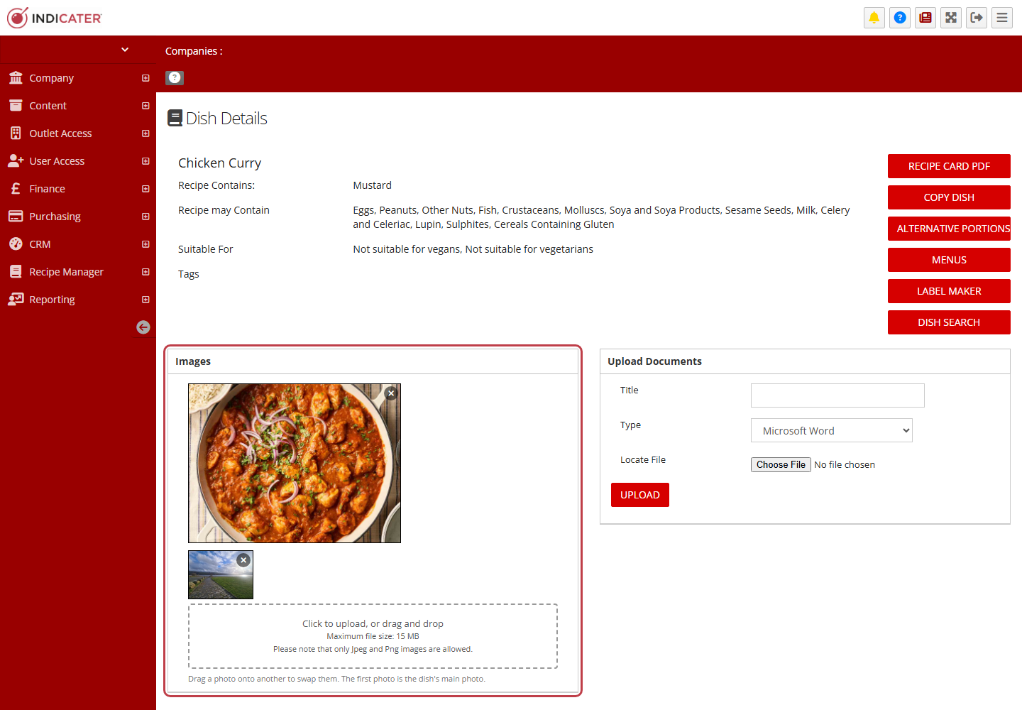 The dish page, with the Images panel