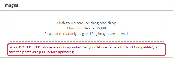 The message shown for a HEIC photo