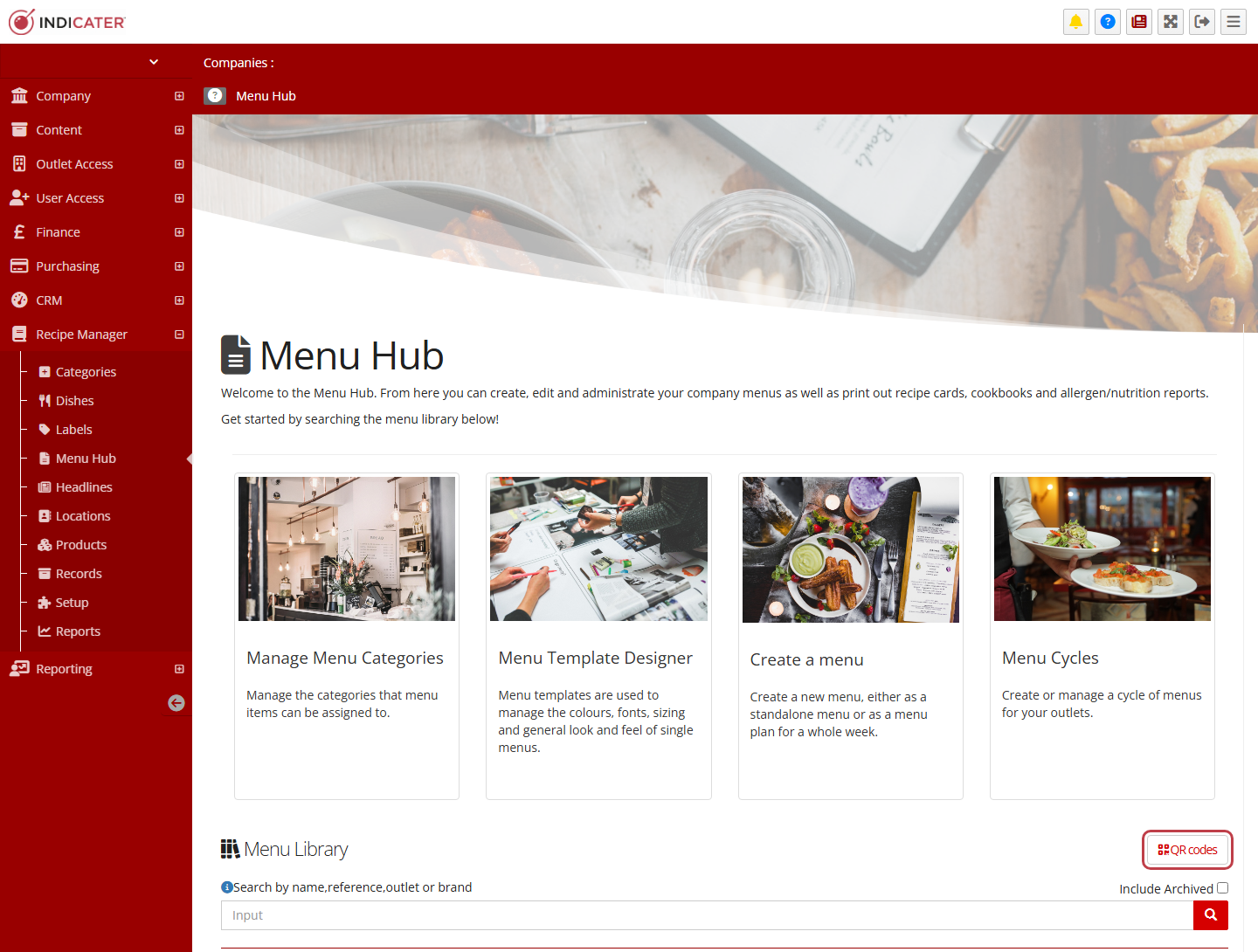 The Menu Hub page, with the QR codes button above the Menu Library highlighted