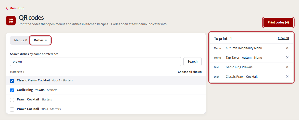 The QR codes page, with two dishes added to the two menus under To print, and Print codes (4) highlighted