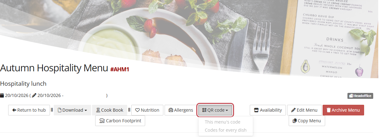 The top of a menu's page, with the QR code dropdown open
