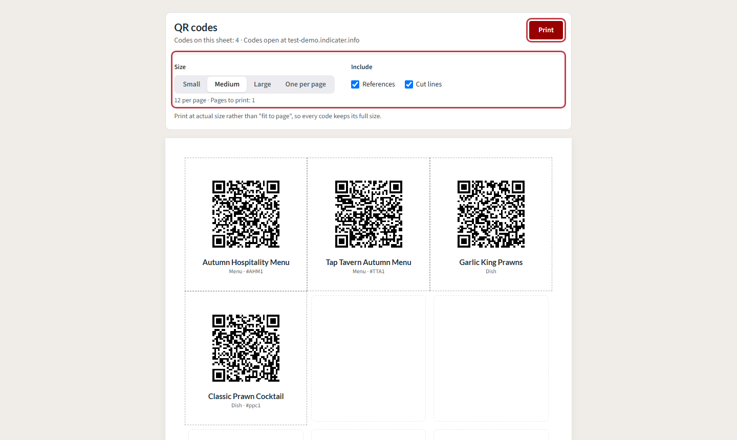 The printable sheet of four codes, with the Size and Include options and the Print button highlighted