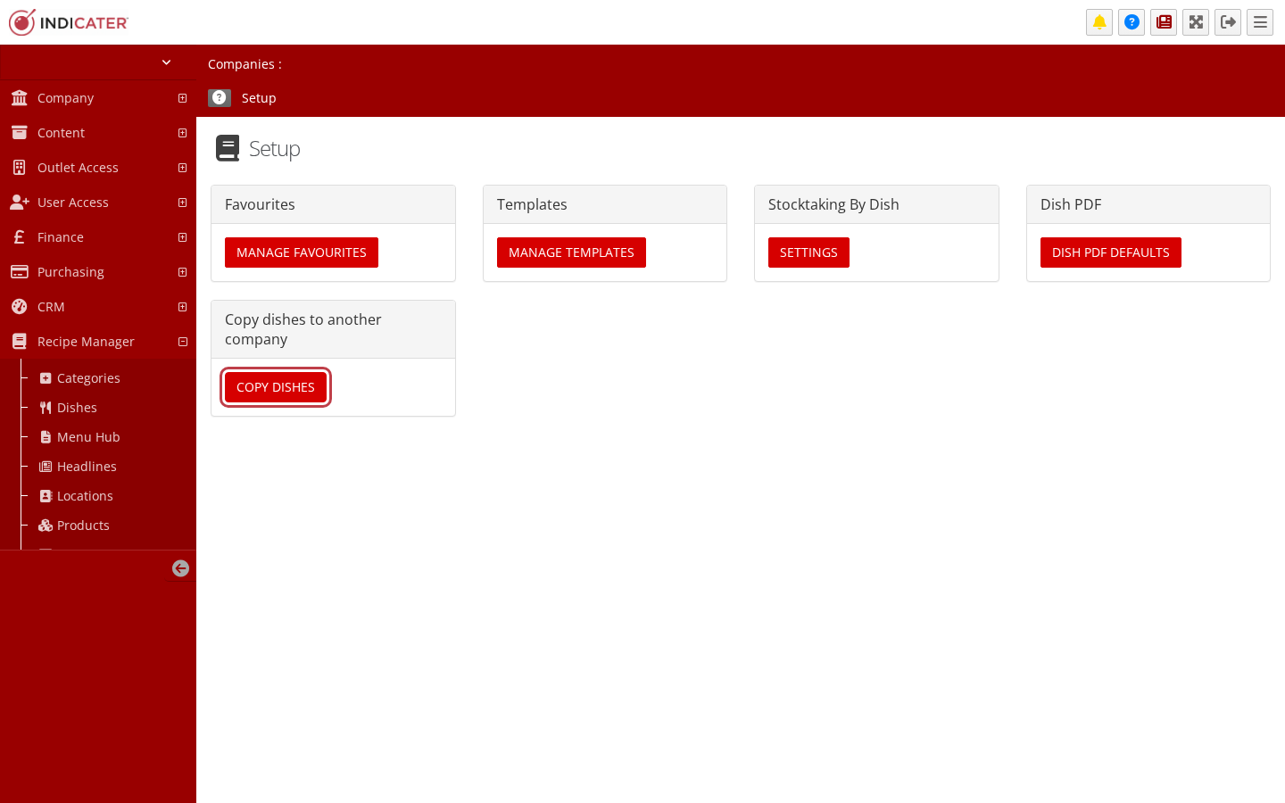 The Copy dishes card on the Recipe Manager Setup page, with the Copy dishes button outlined