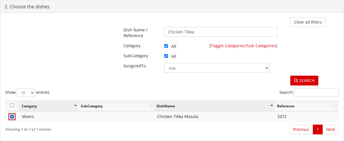 The search results with one dish ticked