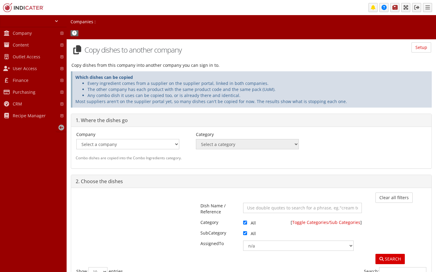 The Copy dishes to another company screen